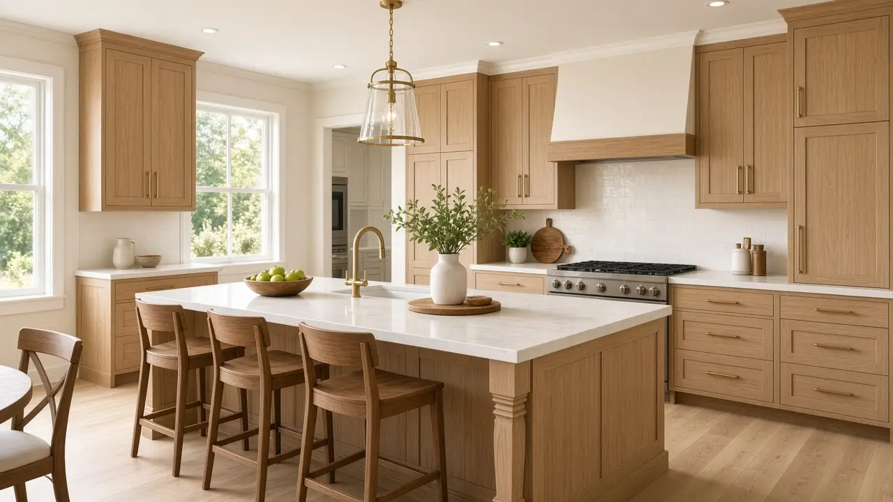 Bright kitchen with natural oak shaker cabinets and a white quartz island