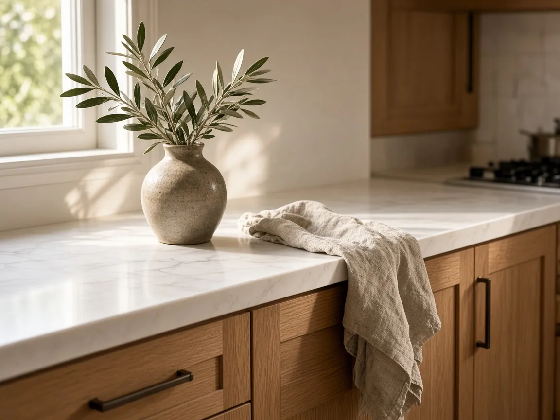 White quartz countertop on natural oak shaker cabinets
